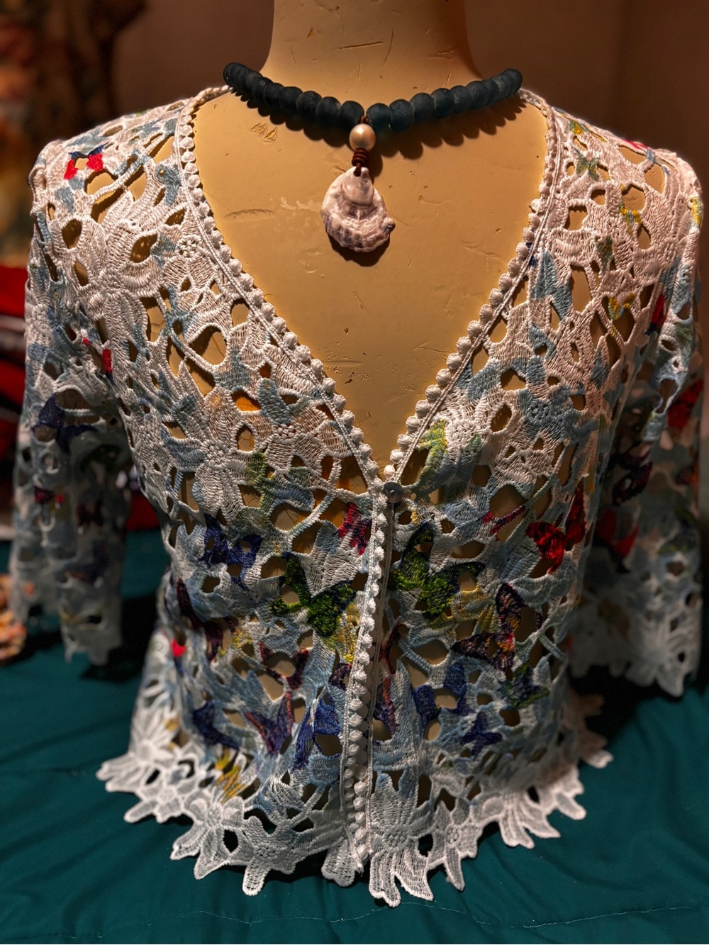 Rabbit designs White Crochet Floral Openwork Top with Multicolor Accents size M